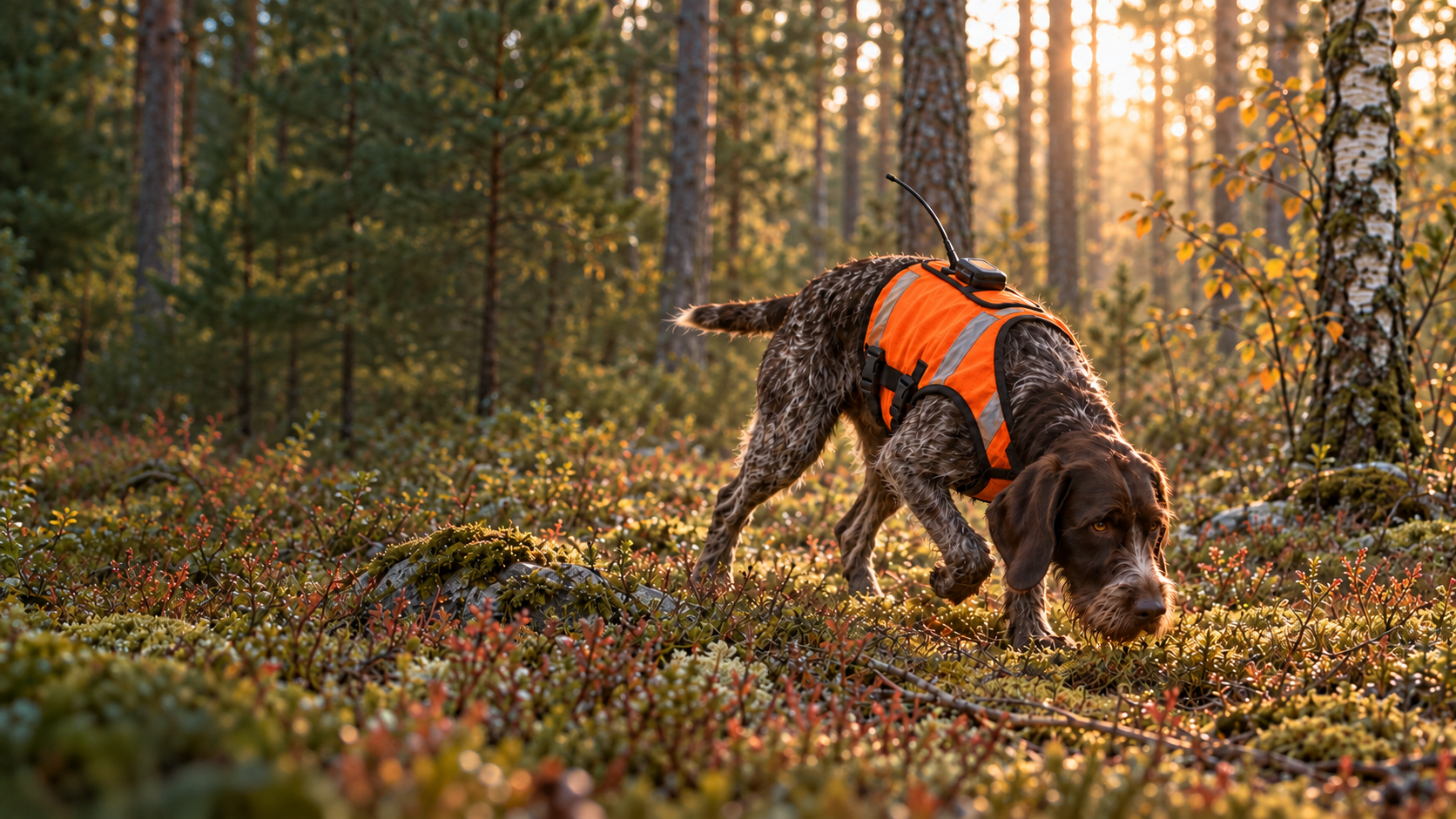 Strävhårig vorsteh med orange GPS-väst som följer ett spår i skogen